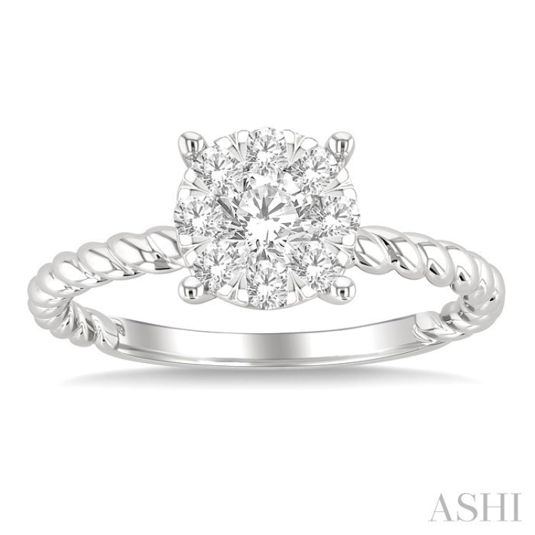 1/2 Ctw Lovebright Circular Shape Rope Textured Shank Round Cut Diamond Cluster Ring in 14K White Gold