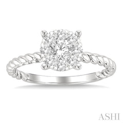 1/2 Ctw Lovebright Circular Shape Rope Textured Shank Round Cut Diamond Cluster Ring in 14K White Gold