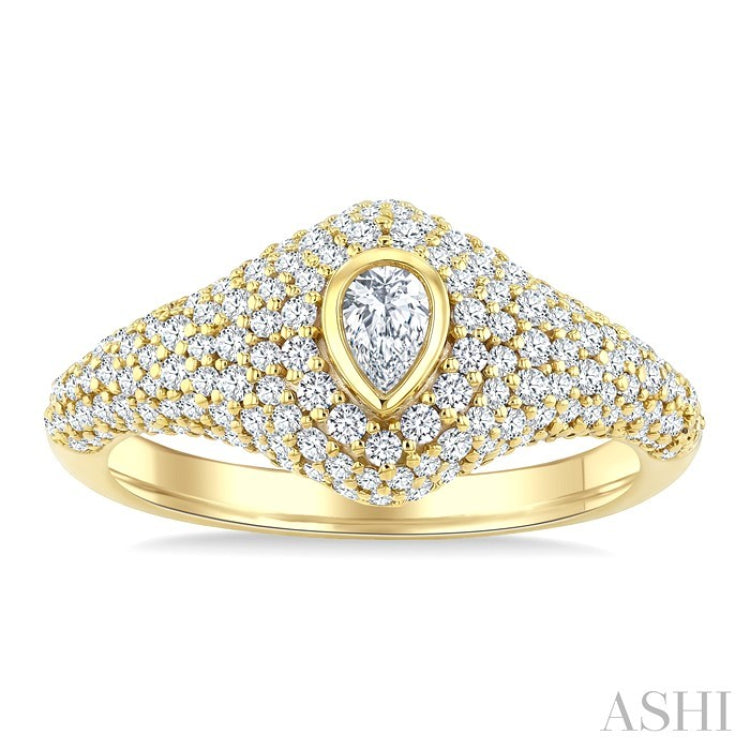 1 Ctw Pave Set Pear Shape and Round Cut Diamond Fashion Signet Ring in 14K Yellow Gold