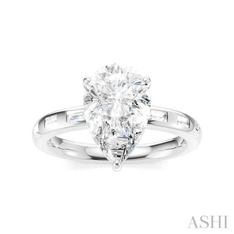 1/3 Ctw Akari Pear Shape Baguette and Round Cut Diamond Semi Mount Engagement Ring in 14K White Gold