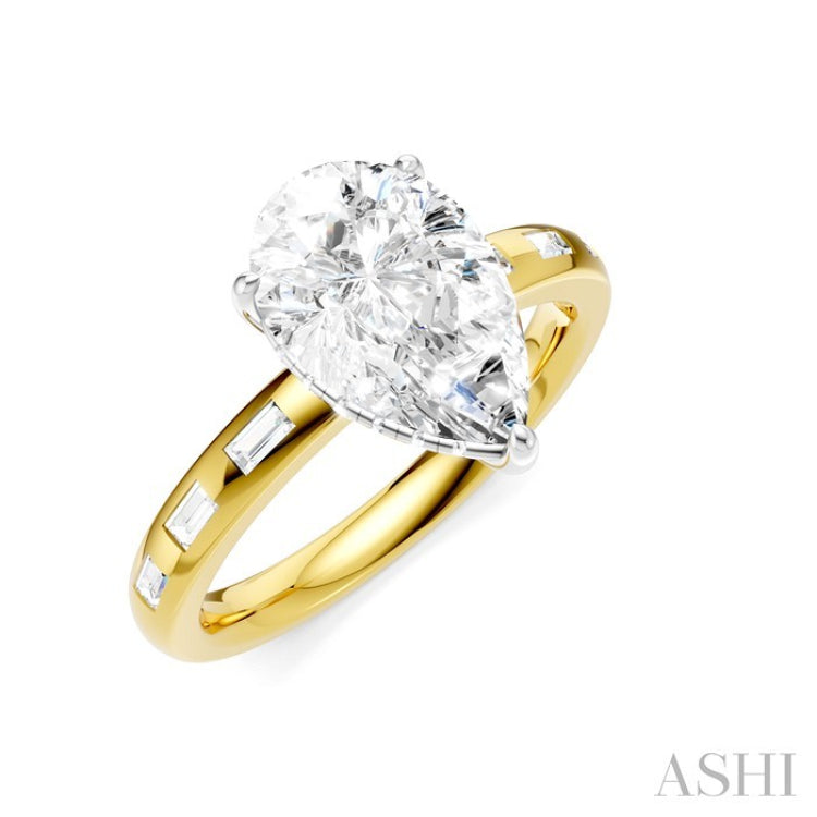 1/3 Ctw Akari Pear Shape Baguette and Round Cut Diamond Semi Mount Engagement Ring in 14K Yellow and White Gold