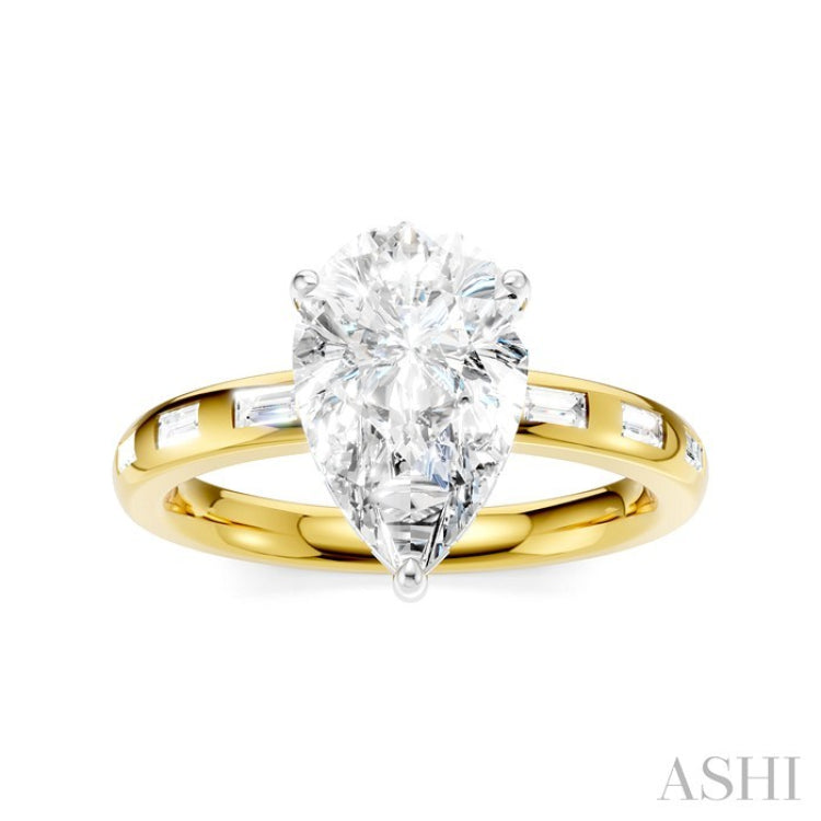 1/3 Ctw Akari Pear Shape Baguette and Round Cut Diamond Semi Mount Engagement Ring in 14K Yellow and White Gold
