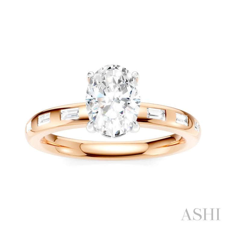 1/4 Ctw Oval Shape Baguette and Round Cut Diamond Semi-Mount Engagement Ring in 14K Rose and White Gold