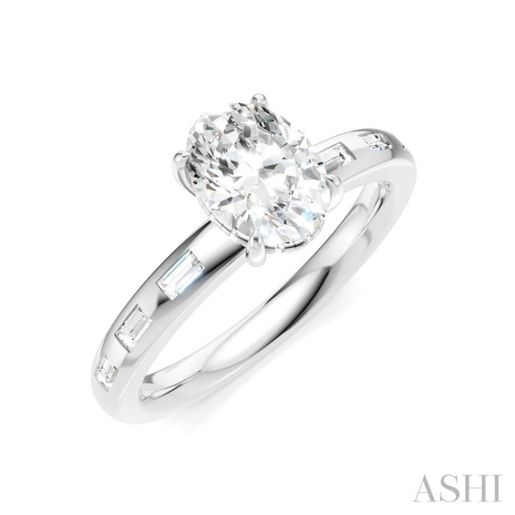 1/4 Ctw Oval Shape Baguette and Round Cut Diamond Semi-Mount Engagement Ring in 14K White Gold