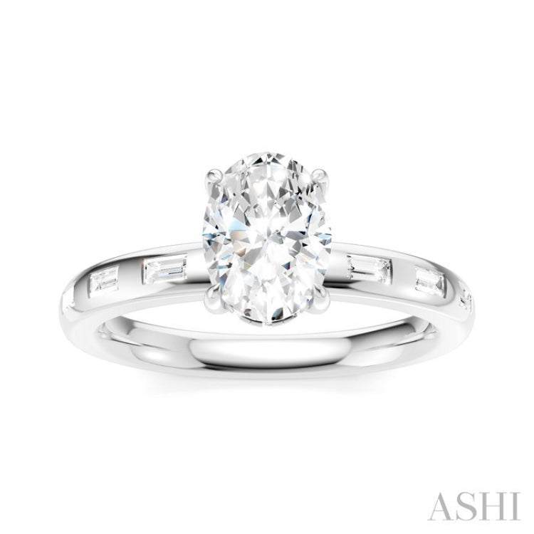 1/4 Ctw Oval Shape Baguette and Round Cut Diamond Semi-Mount Engagement Ring in 14K White Gold