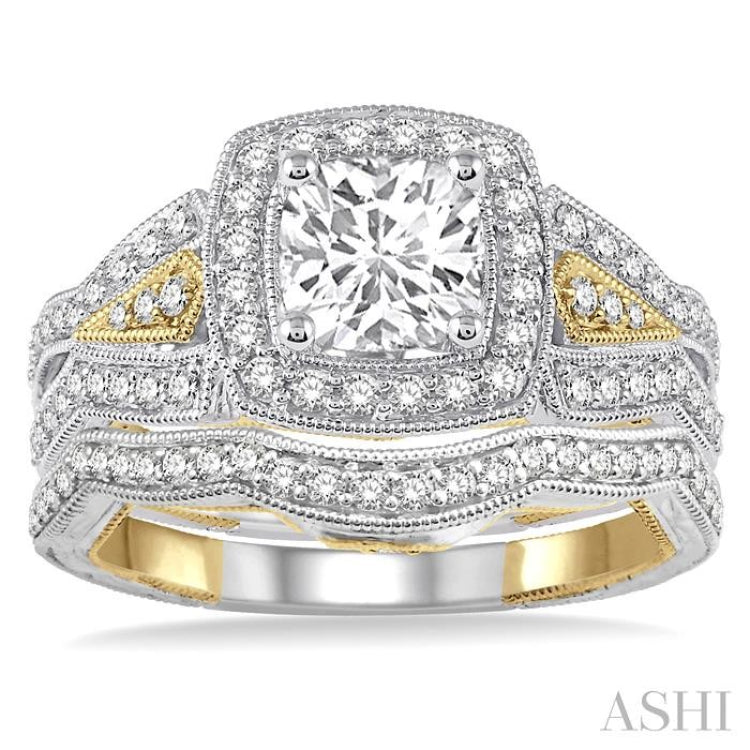 1 1/10 Ctw Diamond Wedding Set with 7/8 Ctw Princess Cut Engagement Ring and 1/6 Ctw Wedding Band in 14K White and Yellow Gold