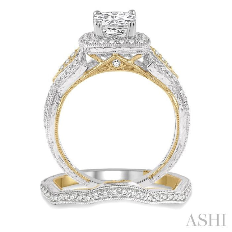 1 1/10 Ctw Diamond Wedding Set with 7/8 Ctw Princess Cut Engagement Ring and 1/6 Ctw Wedding Band in 14K White and Yellow Gold