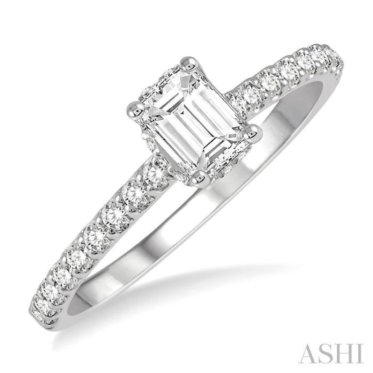 5/8 Ctw Round Cut Diamond Ladies Engagement Ring With 3/8 Ct Emerald Cut Center Stone in 14K White Gold