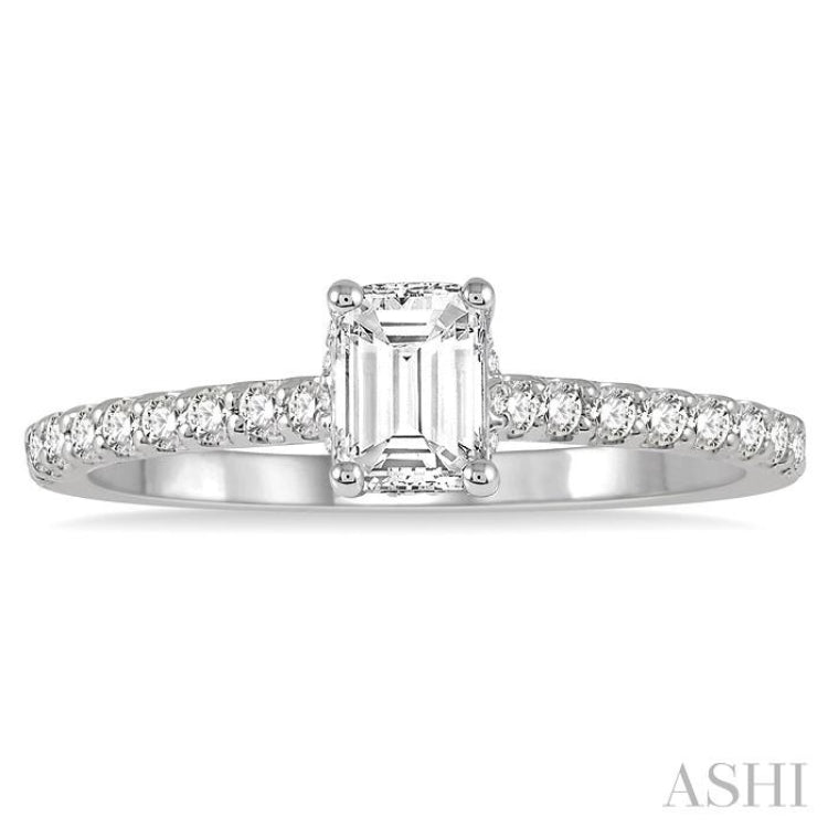 5/8 Ctw Round Cut Diamond Ladies Engagement Ring With 3/8 Ct Emerald Cut Center Stone in 14K White Gold