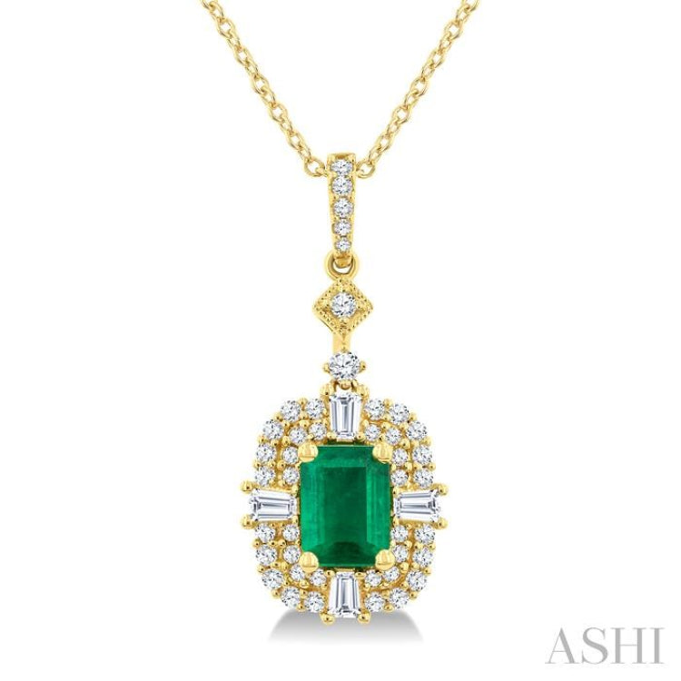 7x5 MM Octagon Shape Emerald, 1/2 Ctw Baguette and Round Cut Diamond Halo Precious Pendant With Chain in 14K Yellow Gold