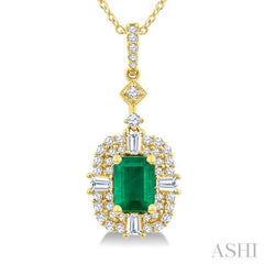 7x5 MM Octagon Shape Emerald, 1/2 Ctw Baguette and Round Cut Diamond Halo Precious Pendant With Chain in 14K Yellow Gold