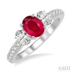 7x5 MM Oval Shape Ruby and 3/4 Ctw Round Cut Diamond Precious Ring in 14K White Gold