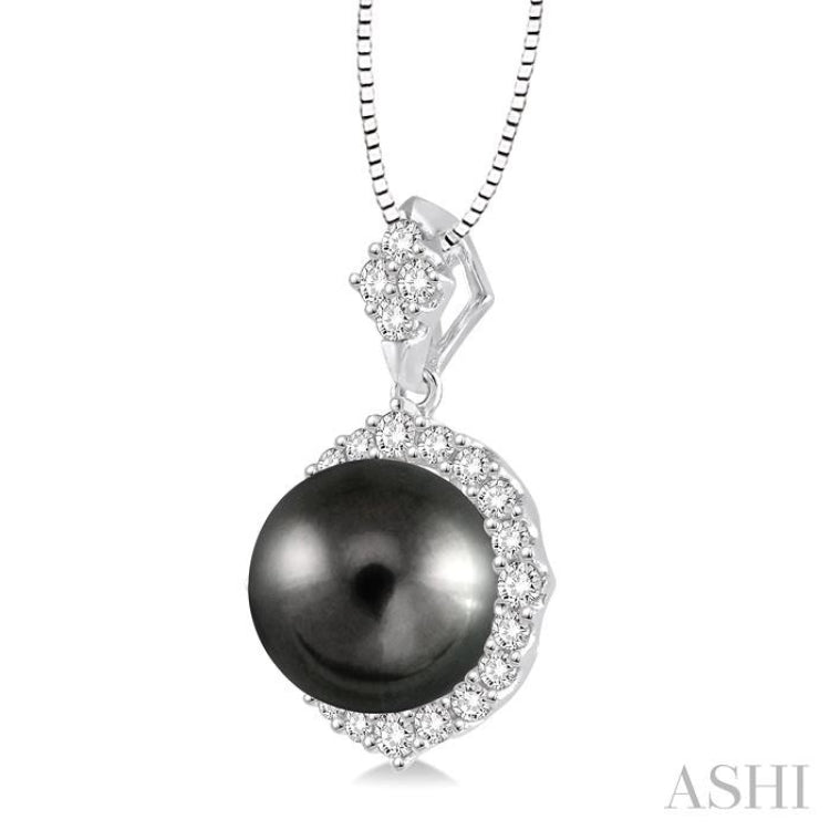 10 MM Black Cultured Pearl and 1/2 Ctw Round Cut Diamond Pendant in 14K White Gold with chain