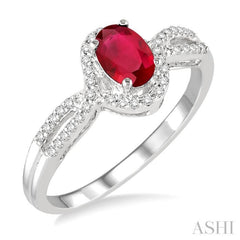 6x4 MM Oval Cut Ruby and 1/6 Ctw Round Cut Diamond Ring in 14K White Gold