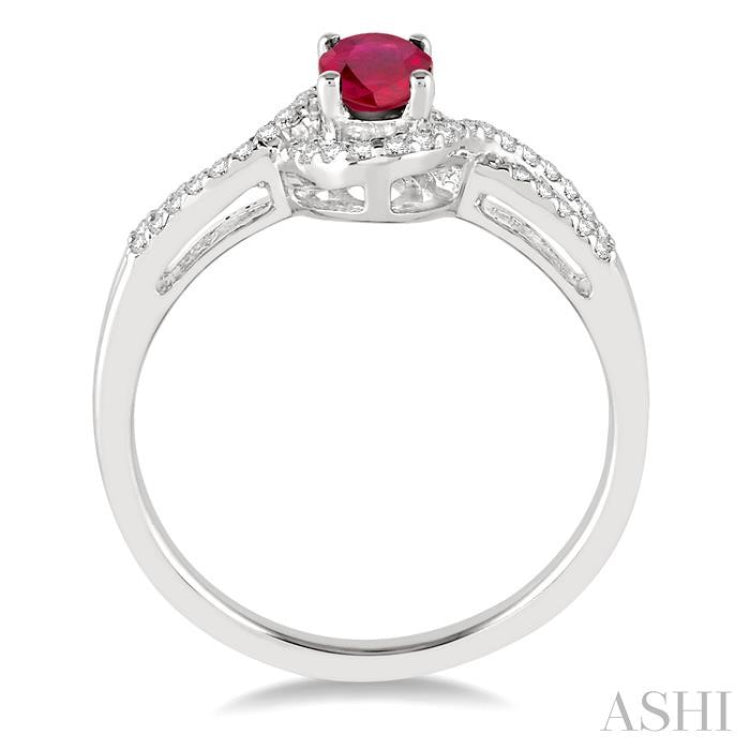 6x4 MM Oval Cut Ruby and 1/6 Ctw Round Cut Diamond Ring in 14K White Gold
