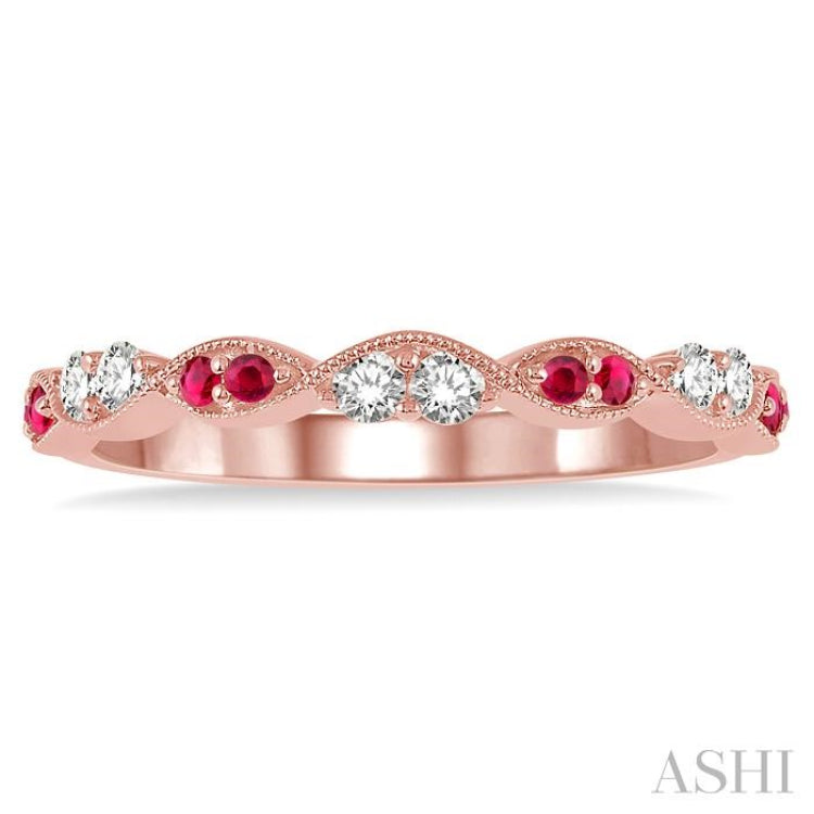 1.35 MM Round Cut Ruby and 1/5 Ctw Round Cut Diamond Precious Half Eternity Wedding Band in 14K Rose Gold