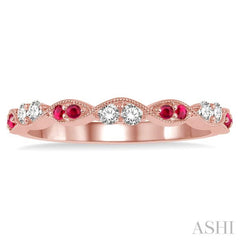 1.35 MM Round Cut Ruby and 1/5 Ctw Round Cut Diamond Precious Half Eternity Wedding Band in 14K Rose Gold