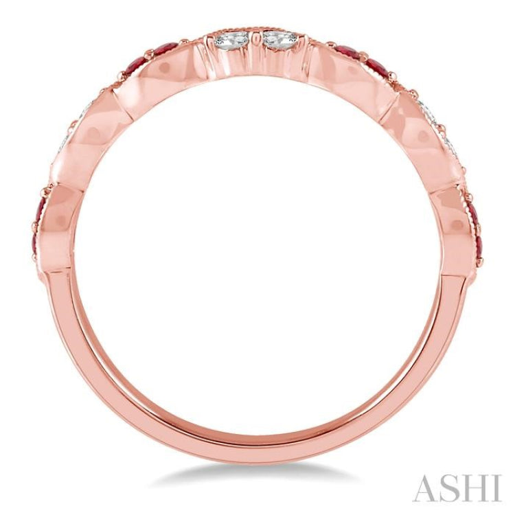 1.35 MM Round Cut Ruby and 1/5 Ctw Round Cut Diamond Precious Half Eternity Wedding Band in 14K Rose Gold