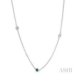 1.75 MM Emerald and 1/6 Ctw Round Cut Diamond Precious Station Necklace in 14K White Gold