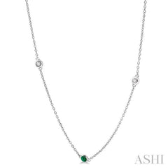 2.25 MM Emerald and 1/4 Ctw Round Cut Diamond Precious Station Necklace in 14K White Gold