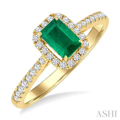 6x4 MM Emerald and 1/4 Ctw Emerald Shape Round Cut Diamond Halo Precious Ring in 14K Yellow Gold