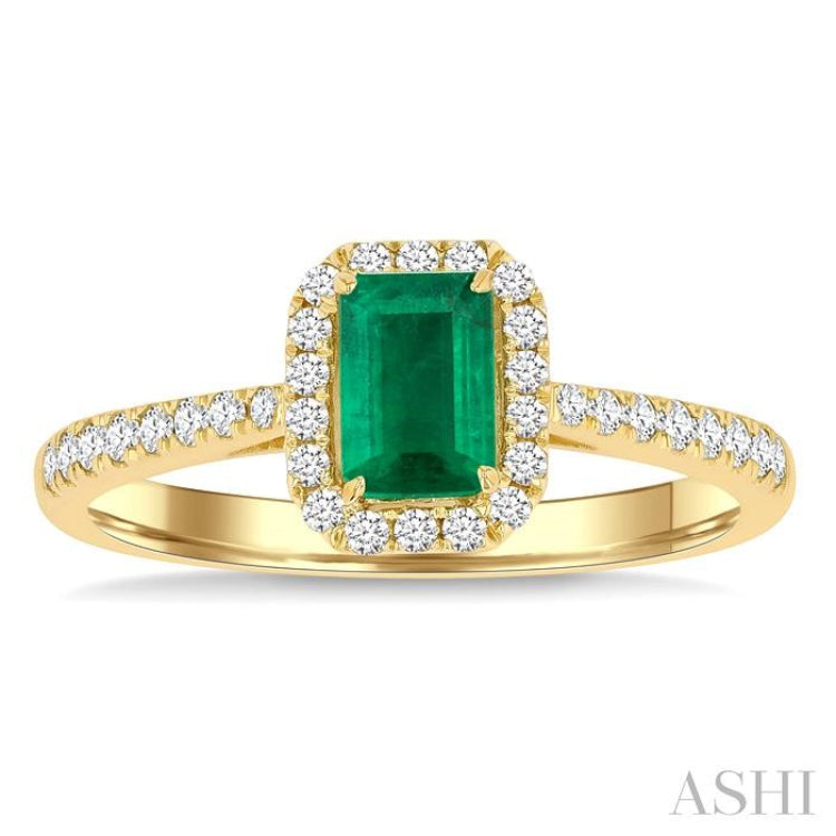6x4 MM Emerald and 1/4 Ctw Emerald Shape Round Cut Diamond Halo Precious Ring in 14K Yellow Gold