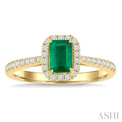 6x4 MM Emerald and 1/4 Ctw Emerald Shape Round Cut Diamond Halo Precious Ring in 14K Yellow Gold