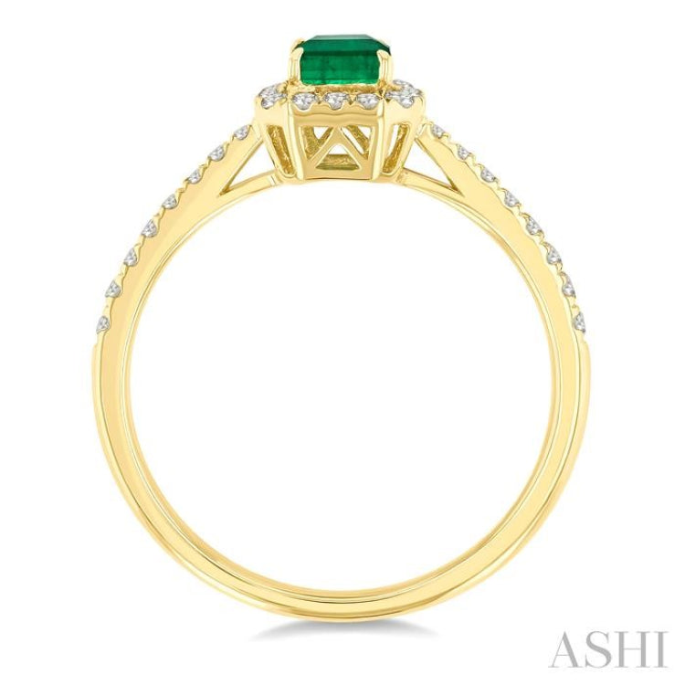 6x4 MM Emerald and 1/4 Ctw Emerald Shape Round Cut Diamond Halo Precious Ring in 14K Yellow Gold