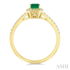 6x4 MM Emerald and 1/4 Ctw Emerald Shape Round Cut Diamond Halo Precious Ring in 14K Yellow Gold