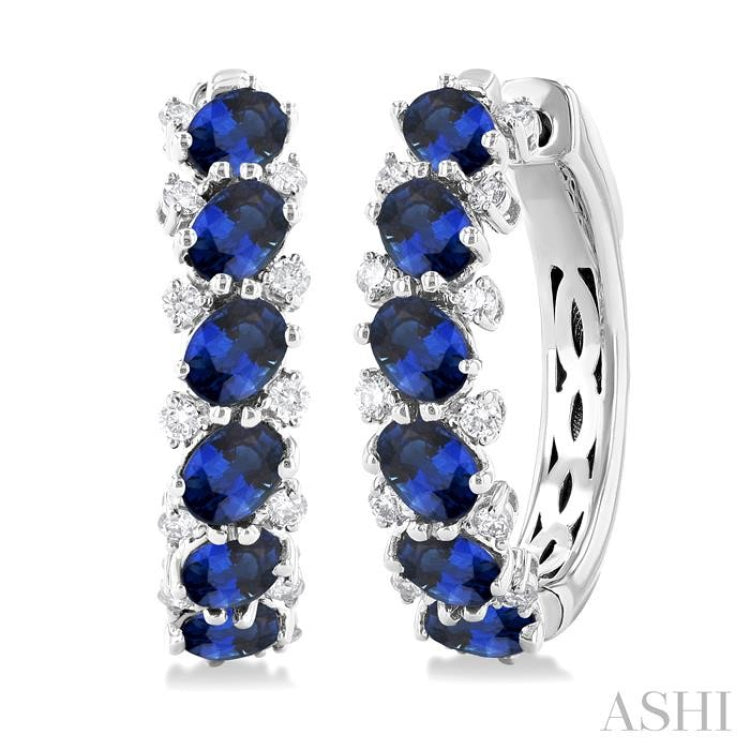 4X3 MM Oval Cut Sapphire and 1/4 Ctw Round Cut Diamond Precious Hoop Earring in 14K White Gold
