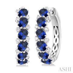 4X3 MM Oval Cut Sapphire and 1/4 Ctw Round Cut Diamond Precious Hoop Earring in 14K White Gold