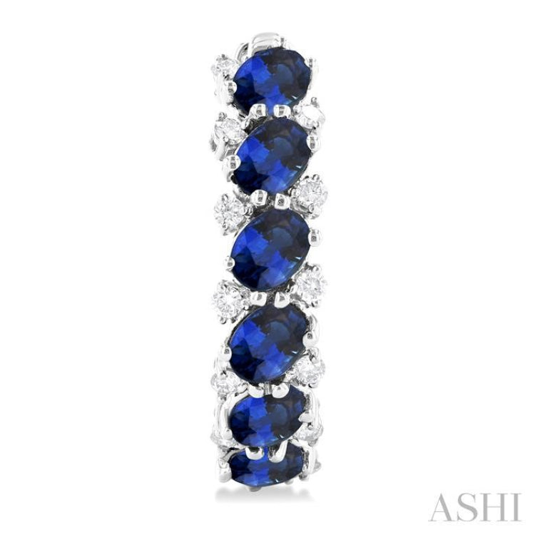 4X3 MM Oval Cut Sapphire and 1/4 Ctw Round Cut Diamond Precious Hoop Earring in 14K White Gold
