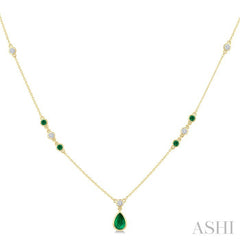 6X4 MM & 2 MM Pear and Round Shape Emerald and 1/6 Ctw Round Cut Diamond Drop Necklace in 14K Yellow Gold