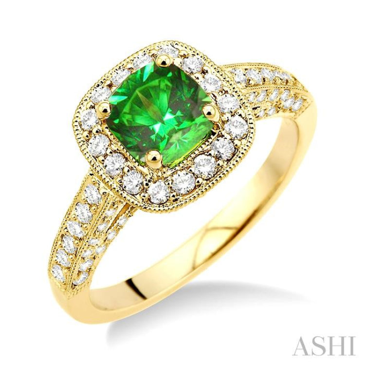 6x6 MM Cushion Cut Emerald and 7/8 Ctw Round Cut Diamond Precious Ring in 14K Yellow Gold