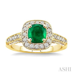 6x6 MM Cushion Cut Emerald and 7/8 Ctw Round Cut Diamond Precious Ring in 14K Yellow Gold