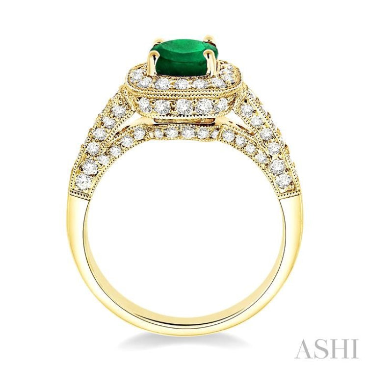 6x6 MM Cushion Cut Emerald and 7/8 Ctw Round Cut Diamond Precious Ring in 14K Yellow Gold