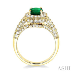 6x6 MM Cushion Cut Emerald and 7/8 Ctw Round Cut Diamond Precious Ring in 14K Yellow Gold