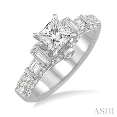 1 1/2 Ctw Diamond Engagement Ring with 3/4 Ct Princess Cut Center Stone in 14K White Gold