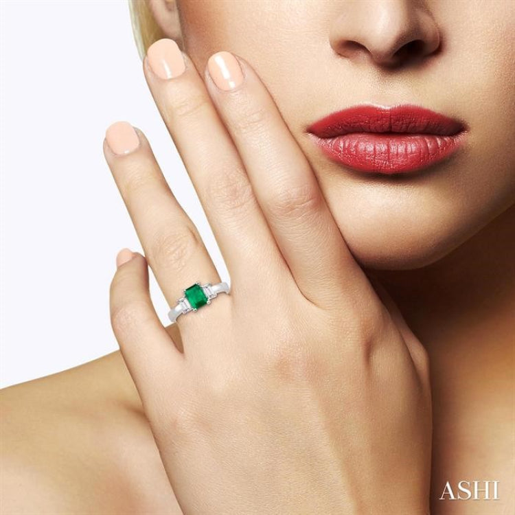7x5 MM Octagon Cut Emerald and 3/8 Ctw Diamond Precious Ring in 14K White Gold