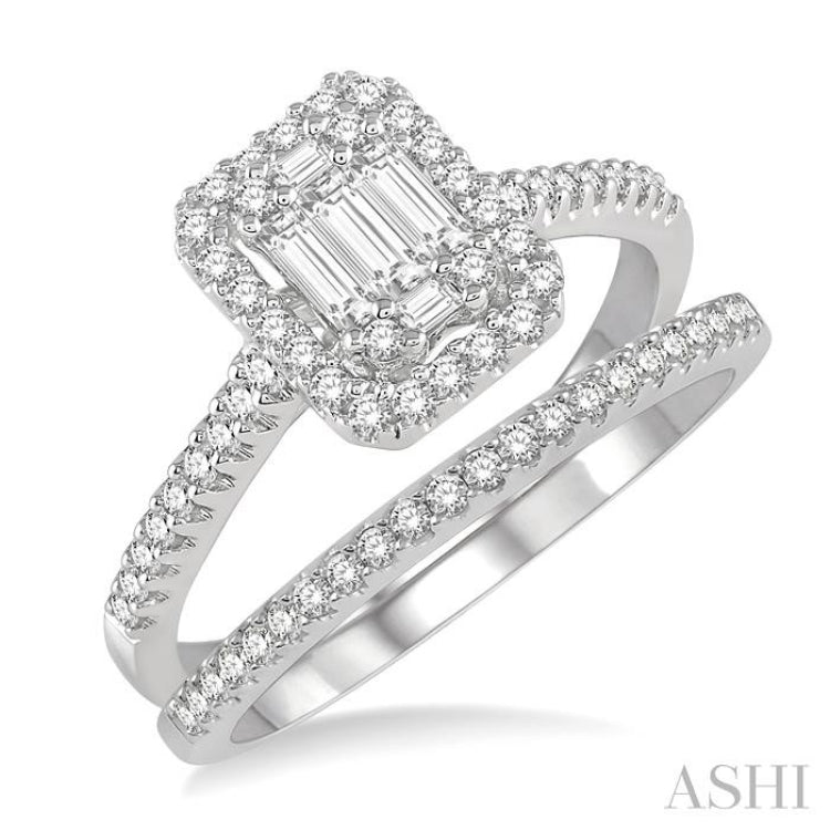 1 Ctw Baguette and Round Cut Diamond Bridal Set With 7/8 Ctw Emerald Shape Engagement Ring and 1/6 Ctw Wedding Band in 14K White Gold