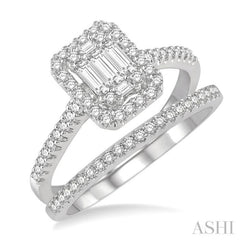 1 Ctw Baguette and Round Cut Diamond Bridal Set With 7/8 Ctw Emerald Shape Engagement Ring and 1/6 Ctw Wedding Band in 14K White Gold