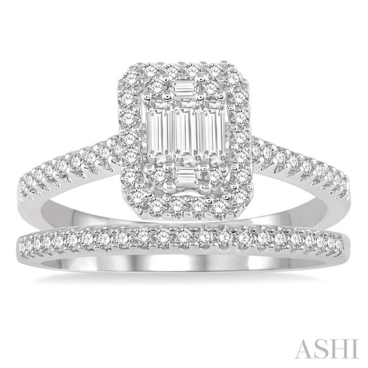 1 Ctw Baguette and Round Cut Diamond Bridal Set With 7/8 Ctw Emerald Shape Engagement Ring and 1/6 Ctw Wedding Band in 14K White Gold
