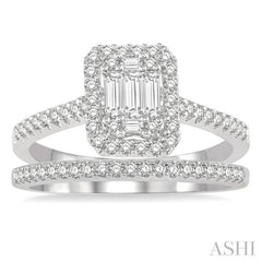 1 Ctw Baguette and Round Cut Diamond Bridal Set With 7/8 Ctw Emerald Shape Engagement Ring and 1/6 Ctw Wedding Band in 14K White Gold
