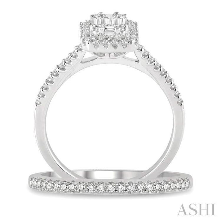 1 Ctw Baguette and Round Cut Diamond Bridal Set With 7/8 Ctw Emerald Shape Engagement Ring and 1/6 Ctw Wedding Band in 14K White Gold