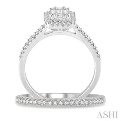1 Ctw Baguette and Round Cut Diamond Bridal Set With 7/8 Ctw Emerald Shape Engagement Ring and 1/6 Ctw Wedding Band in 14K White Gold