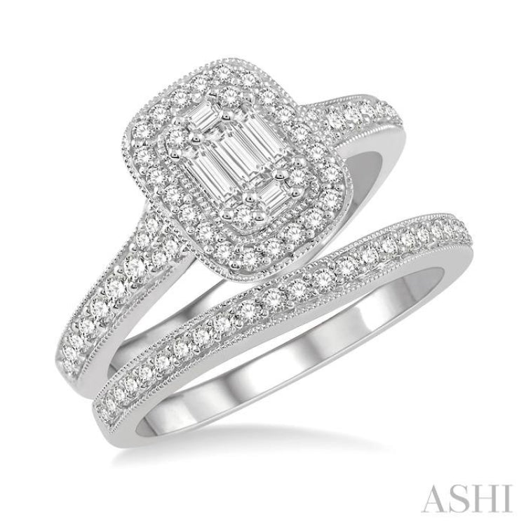 3/4 Ctw Baguette and Round Cut Diamond Bridal Set With 5/8 Ctw Cushion Shape Engagement Ring and 1/5 Ctw Wedding Band in 14K White Gold