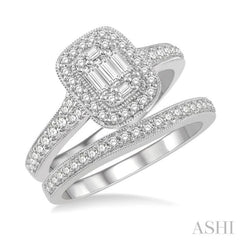 3/4 Ctw Baguette and Round Cut Diamond Bridal Set With 5/8 Ctw Cushion Shape Engagement Ring and 1/5 Ctw Wedding Band in 14K White Gold