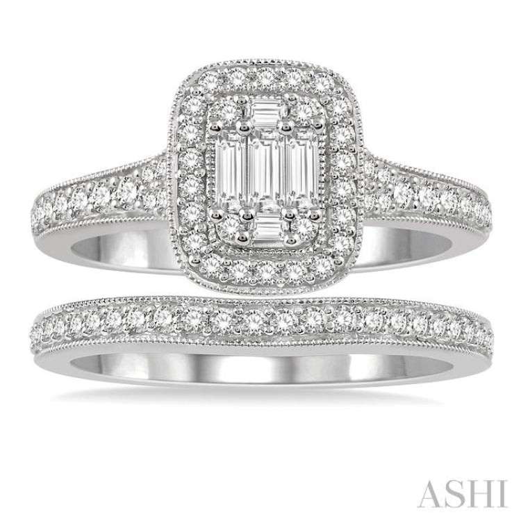 3/4 Ctw Baguette and Round Cut Diamond Bridal Set With 5/8 Ctw Cushion Shape Engagement Ring and 1/5 Ctw Wedding Band in 14K White Gold