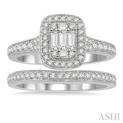 3/4 Ctw Baguette and Round Cut Diamond Bridal Set With 5/8 Ctw Cushion Shape Engagement Ring and 1/5 Ctw Wedding Band in 14K White Gold