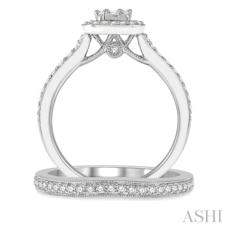 3/4 Ctw Baguette and Round Cut Diamond Bridal Set With 5/8 Ctw Cushion Shape Engagement Ring and 1/5 Ctw Wedding Band in 14K White Gold